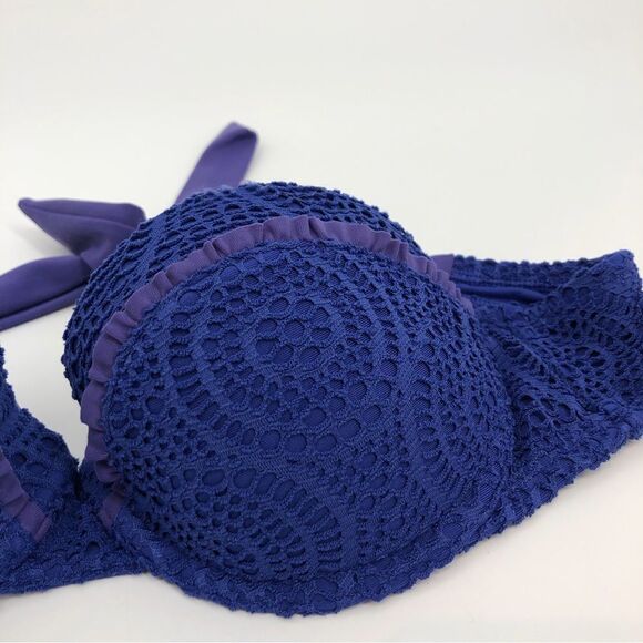 AERIE Holly Bikini Push Up Top French Crochet Lace 34B Blue - Picture 2 of 5